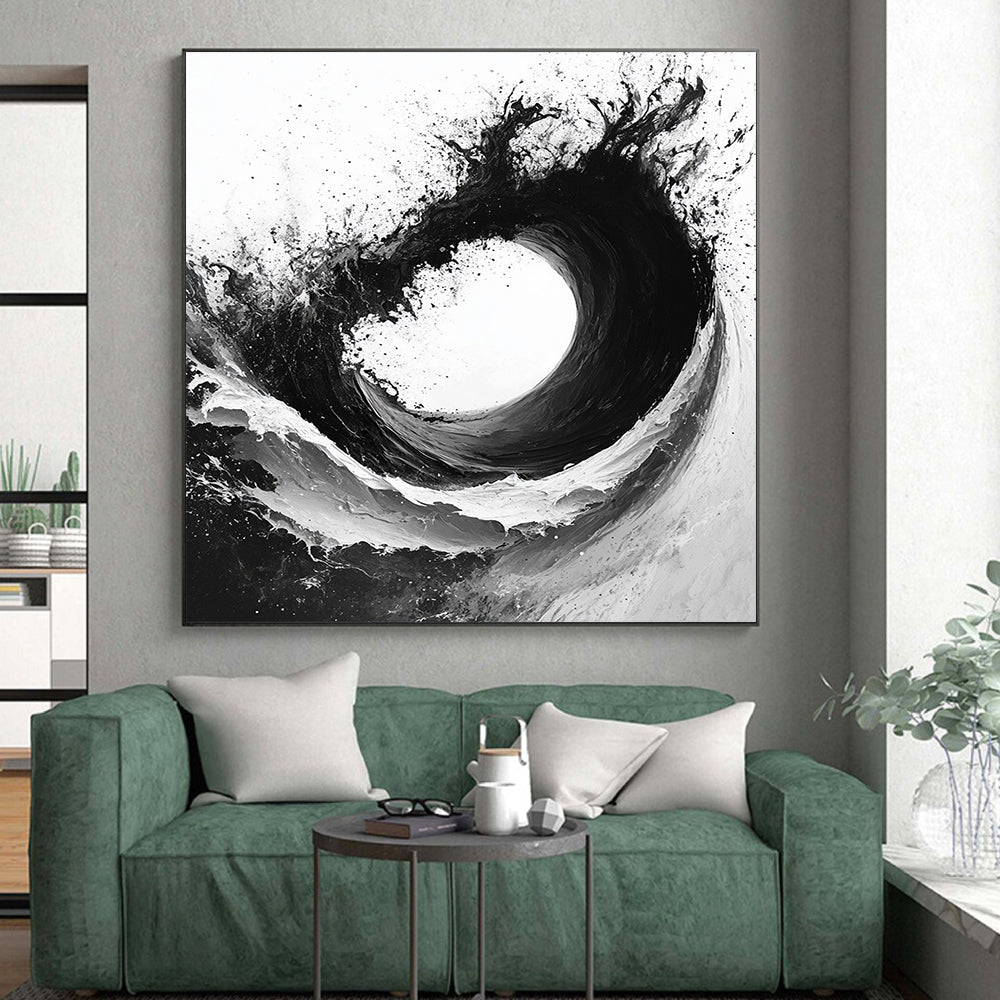 Black & White Ink Wave - “Powerful Ink Surge” Painting On Canvas HB229