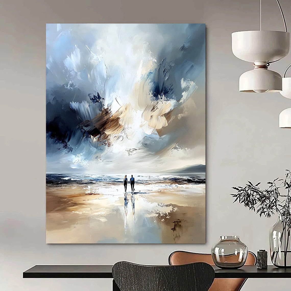 Contemporary abstract painting featuring two figures on a beach with a vast sea soft tones expressive brushstrokes and ethereal light effects. DLZ1126