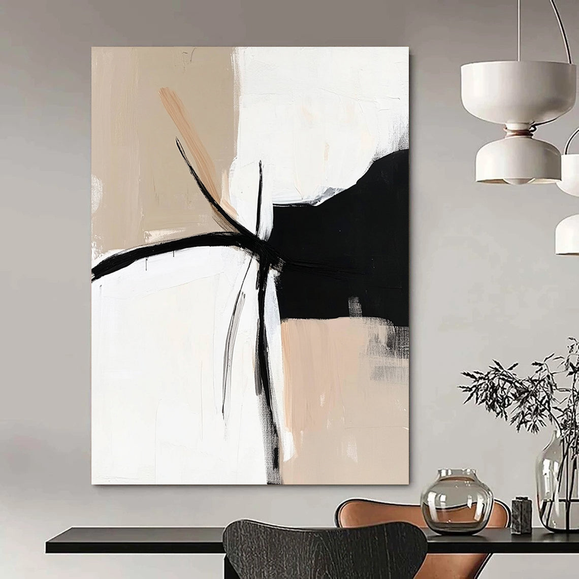 Contemporary hand-painted abstract artwork in black, white, and beige, featuring a minimalist design with an elegant bohemian feel. DLZ0320