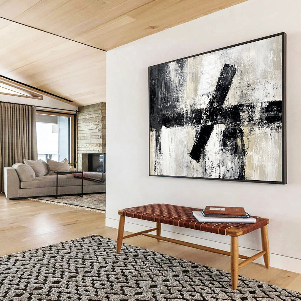 “Textured Black - White Cross Abstraction” - Black, White, Gray, Textured Crosses Painting On Canvas HB0803