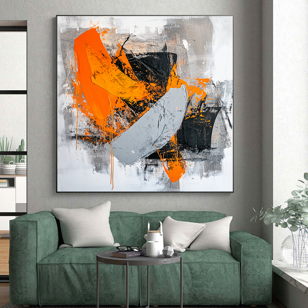 Black, Gray, Orange and White Bold Brushstrokes "Fiery Passion" Painting On Canvas HB329