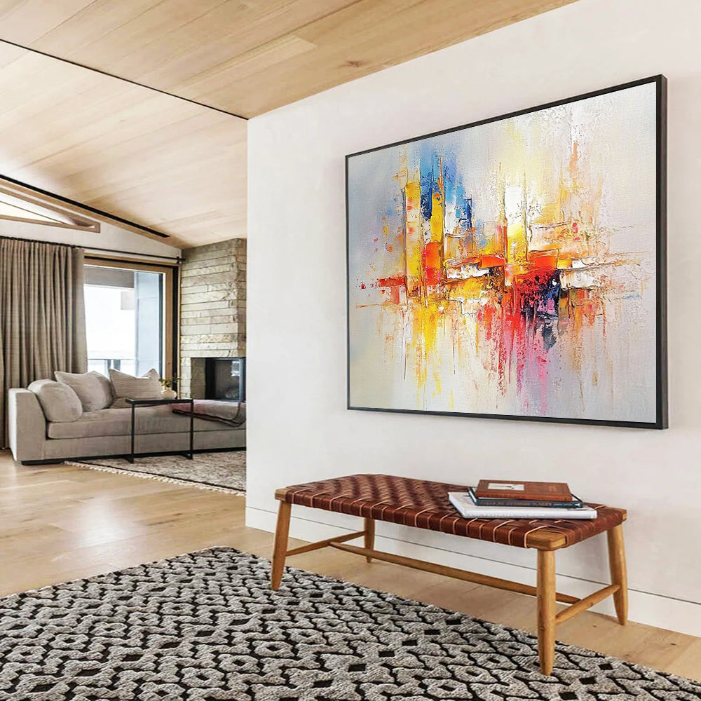 “Colorful City Reflections” - Blue, Yellow, Red, Pink, Abstract Cityscape with Reflections Painting On Canvas HB1080