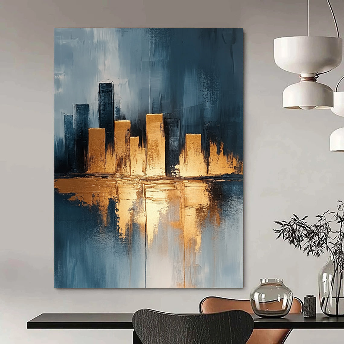 Contemporary hand-painted abstract artwork featuring a neutral urban cityscape with gold accents on canvas texture in vibrant UHD quality. DLZ0337
