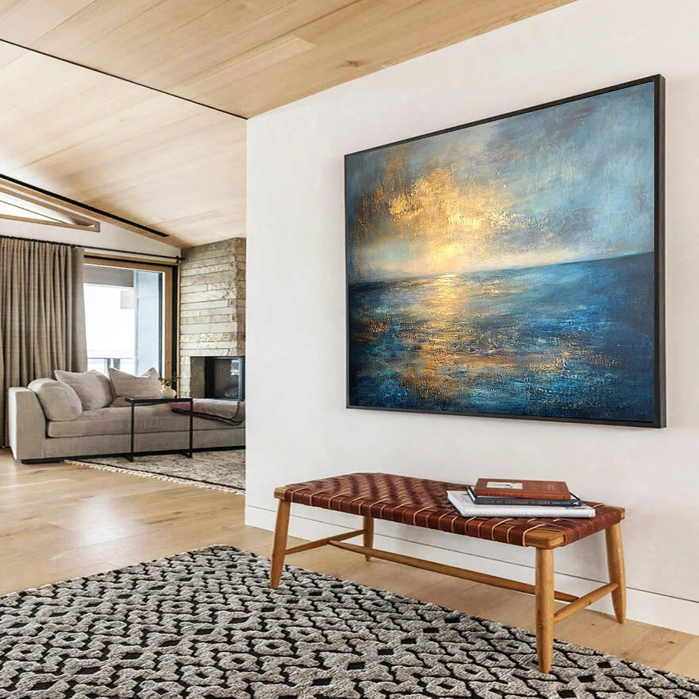 “Golden Sunset Seascape” - Gold, blue, gray; Abstract sunset over the sea; Textured Oil Painting On Canvas HB1188