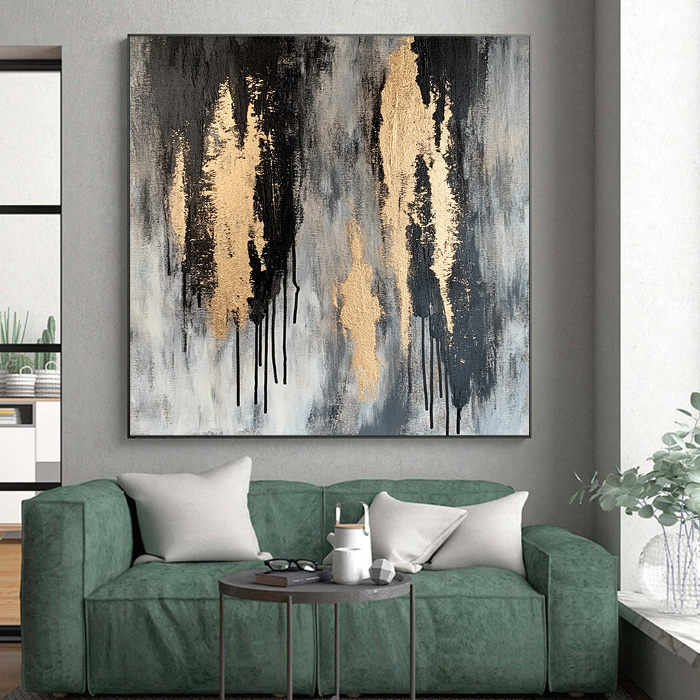 Gray, Black & Gold Dripping Textures - “Urban Gilded Streams” Painting On Canvas HB198