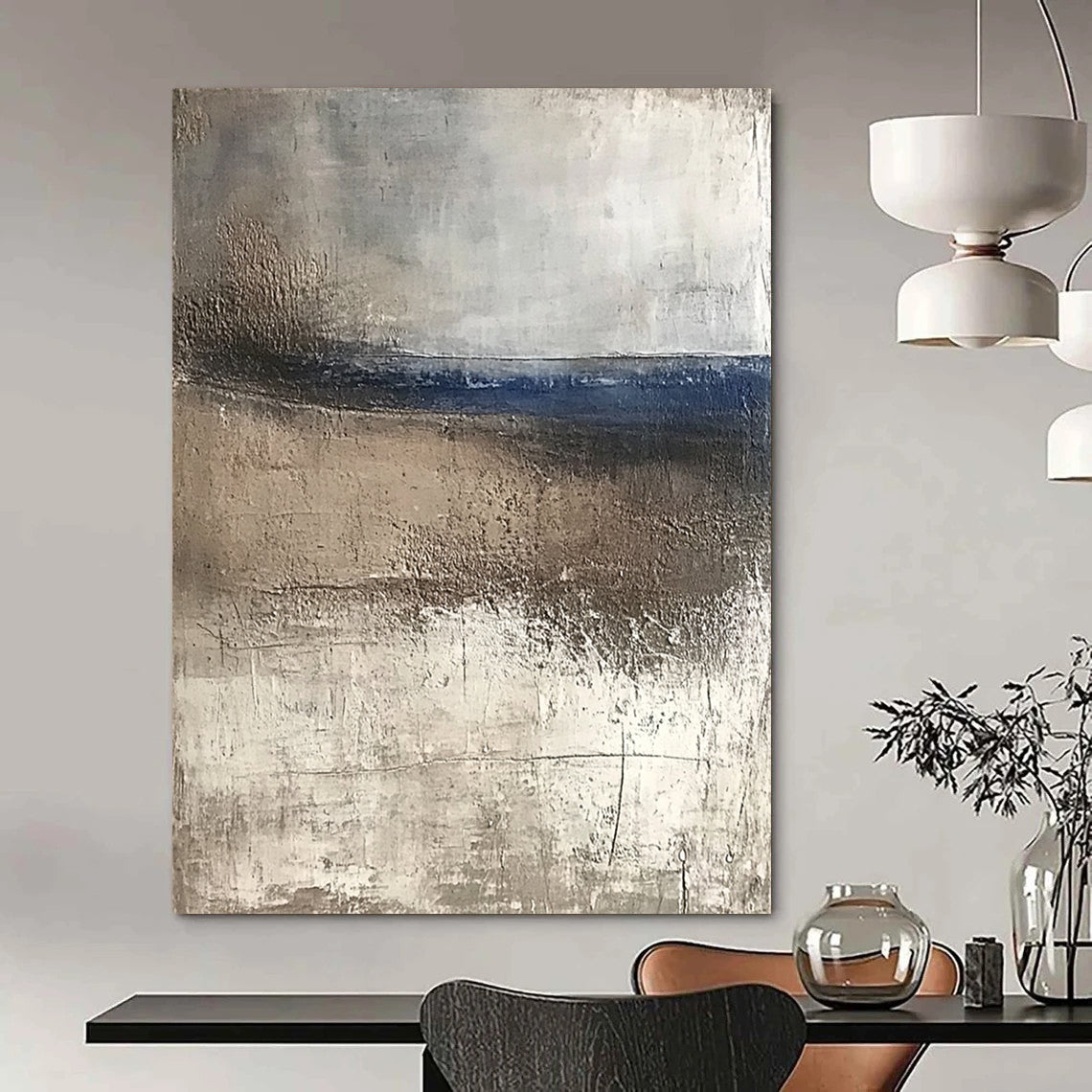 Contemporary abstract artwork featuring textured canvas with weathered hues of blue and brown evoking serene coastal landscapes and tranquility in a minimalist style. DLZ0445