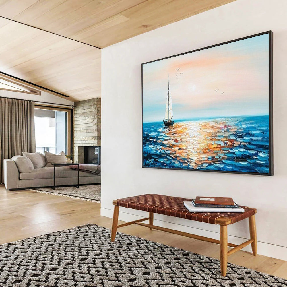 Sunset Sailboat Sea Oil Painting - Coastal Dining Room or Bedroom Art DLZ188