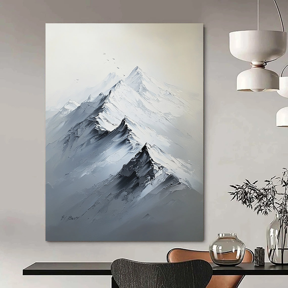 Contemporary hand-painted abstract artwork featuring a large snow-capped mountain range in white and gray tones with rich textures and strong light contrast. DLZ1290