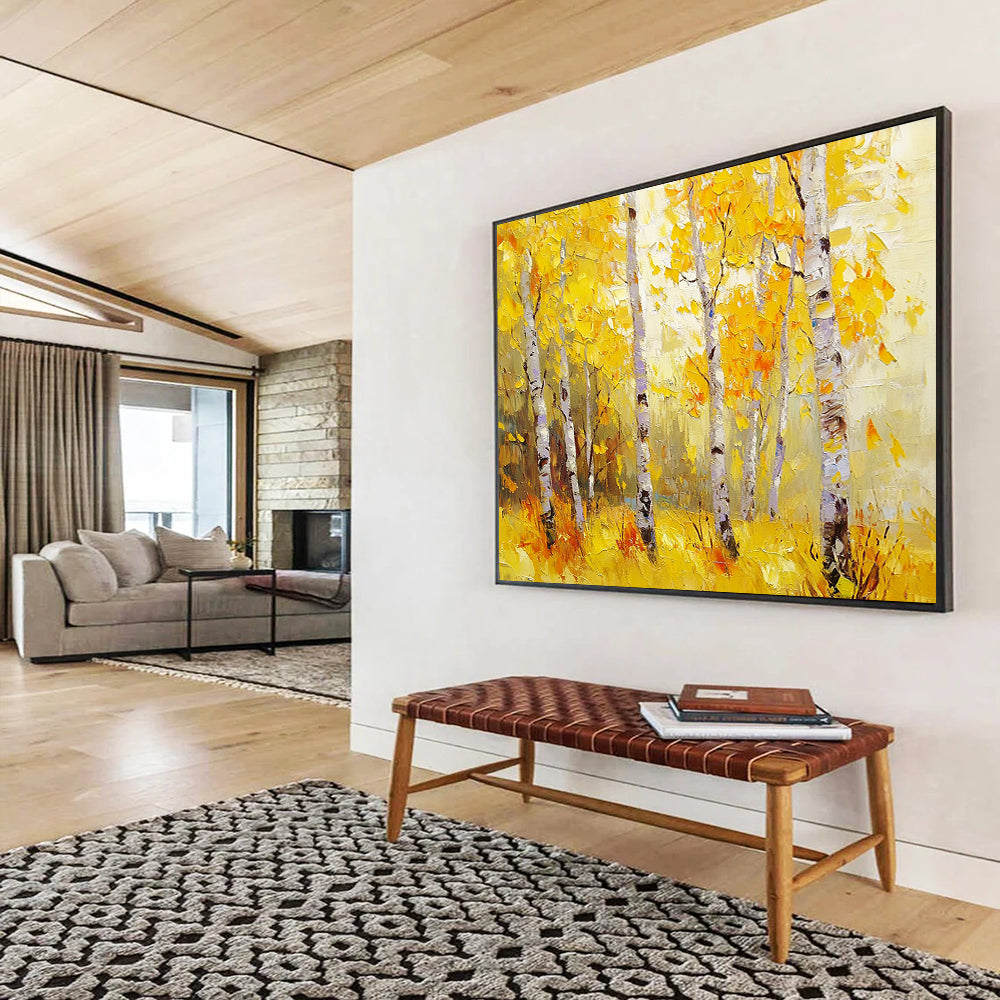 “Golden Autumn Birches” - Yellows, Oranges, Browns, White, Birch Trees - Impressionist Oil Painting HB1582
