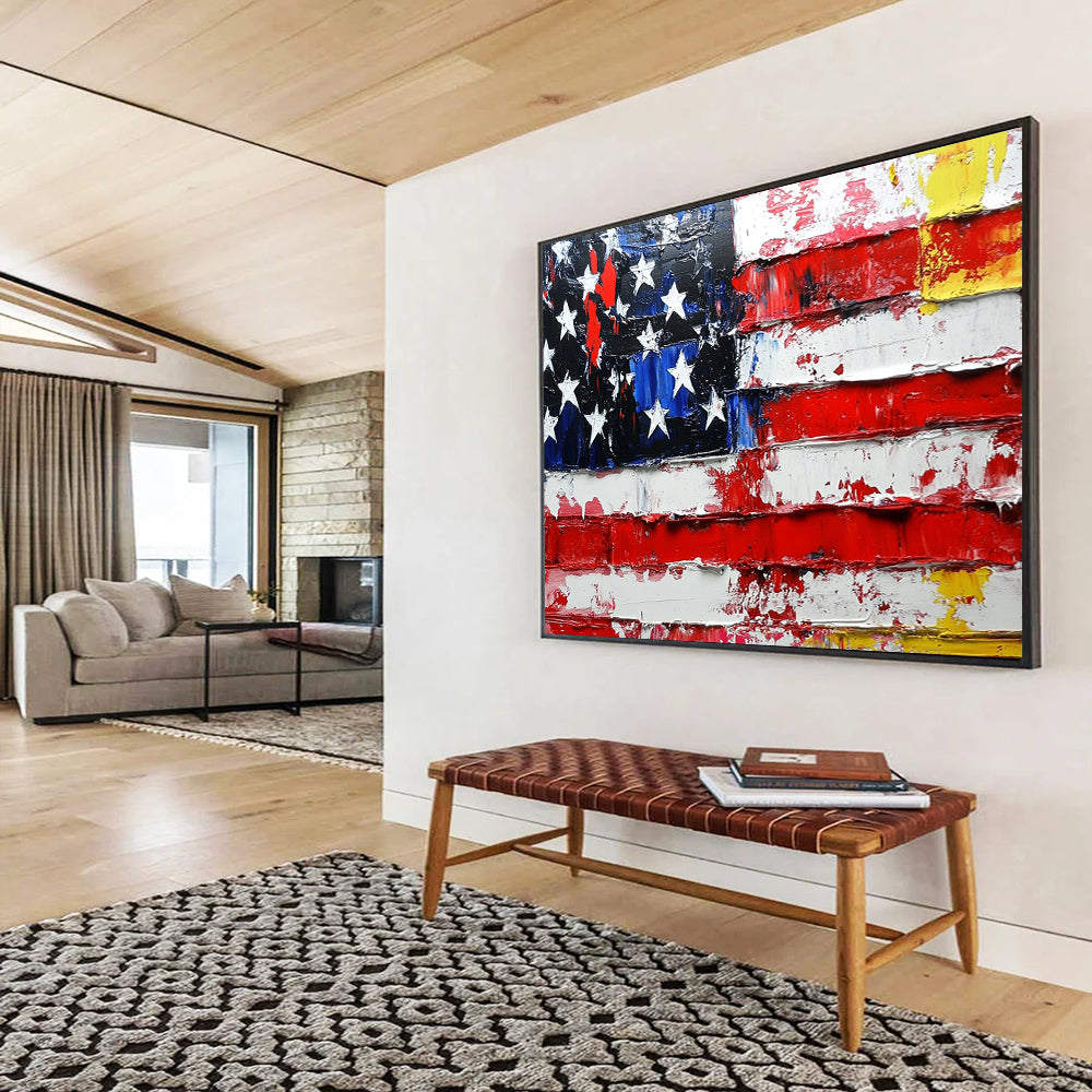 “Textured Flag Tribute” - Red, white, blue, yellow; Thick, weathered strokes on an American flag; Palette Knife Oil Painting On Canvas HB1174