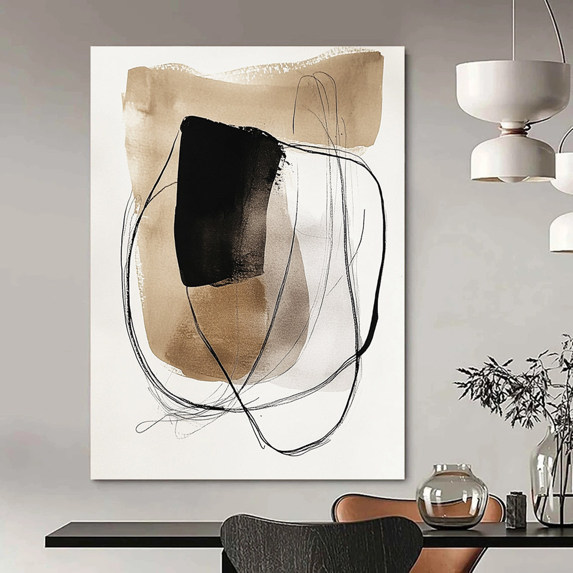 Modernist abstract art featuring watercolor and ink wash with earthy tones and minimalist shapes on a beige background for a unique aesthetic. DLZ1726