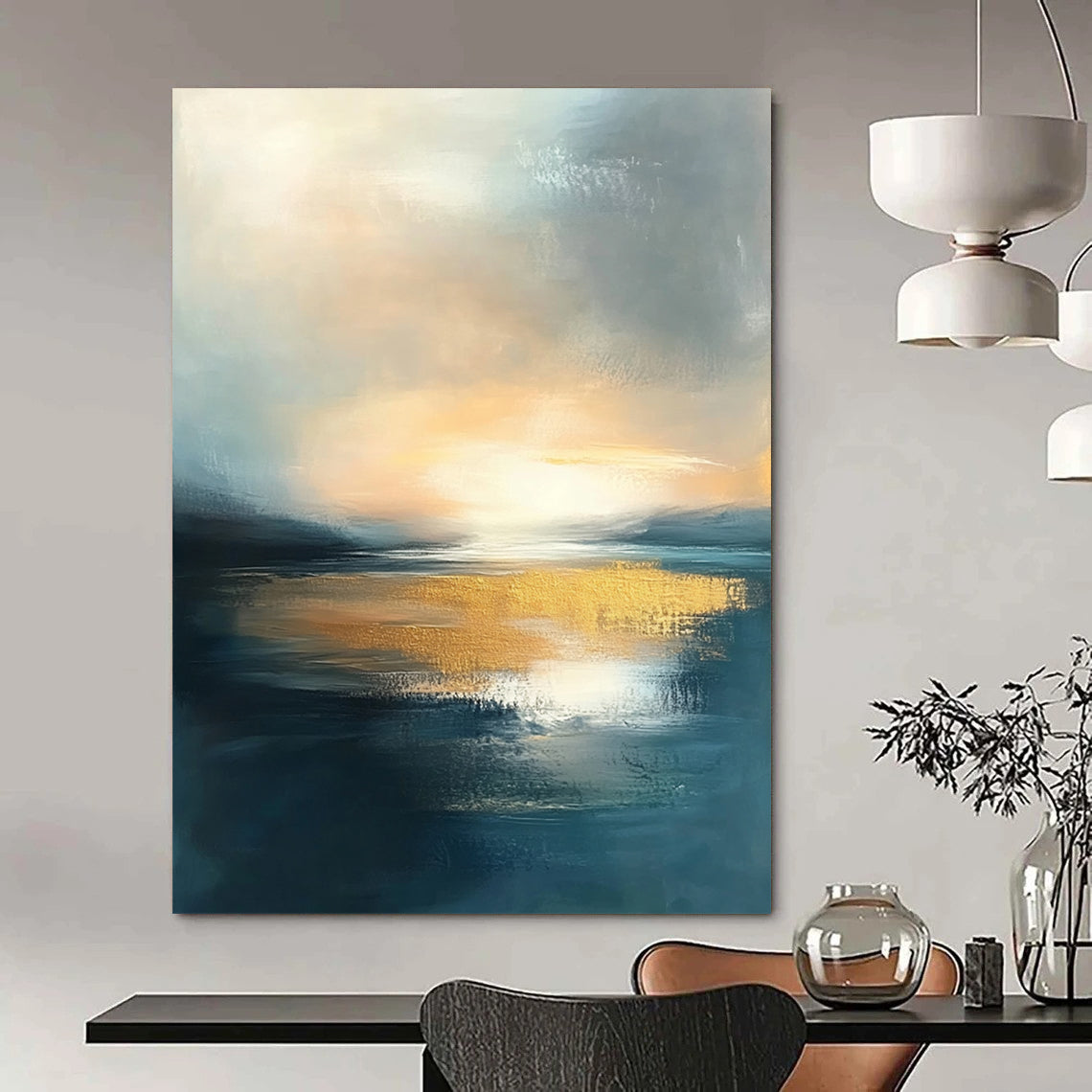 Contemporary abstract painting featuring water and sky at sunset with muted tones and gold accents, perfect for elevating any space. DLZ0494