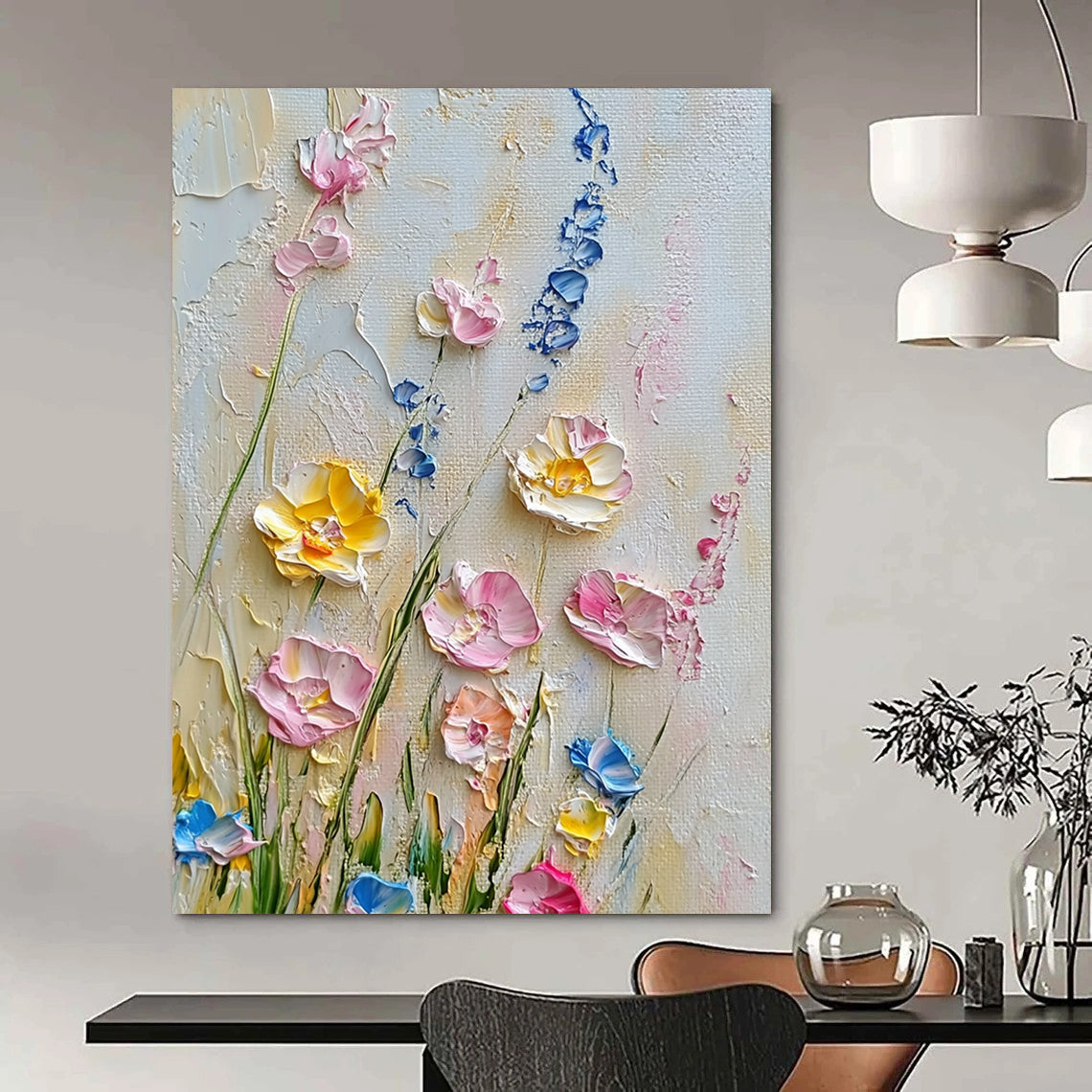 Contemporary hand-painted abstract artwork showcases delicate wildflowers in pastel pinks yellows and blues against a crisp white background. DLZ1246