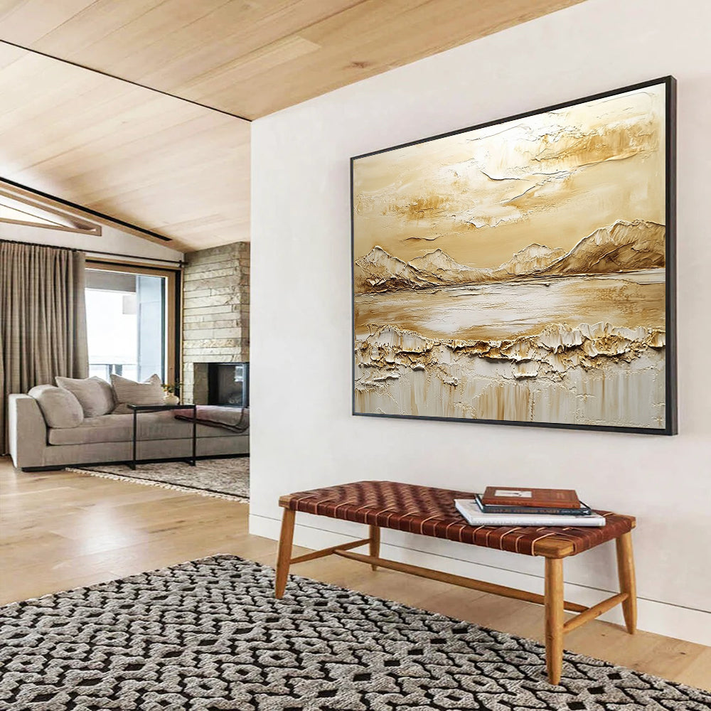“Earthy Tones Textured Landscape” - Beige, Brown, White, 3D Mountain - Lake Abstract Painting On Canvas HB0982