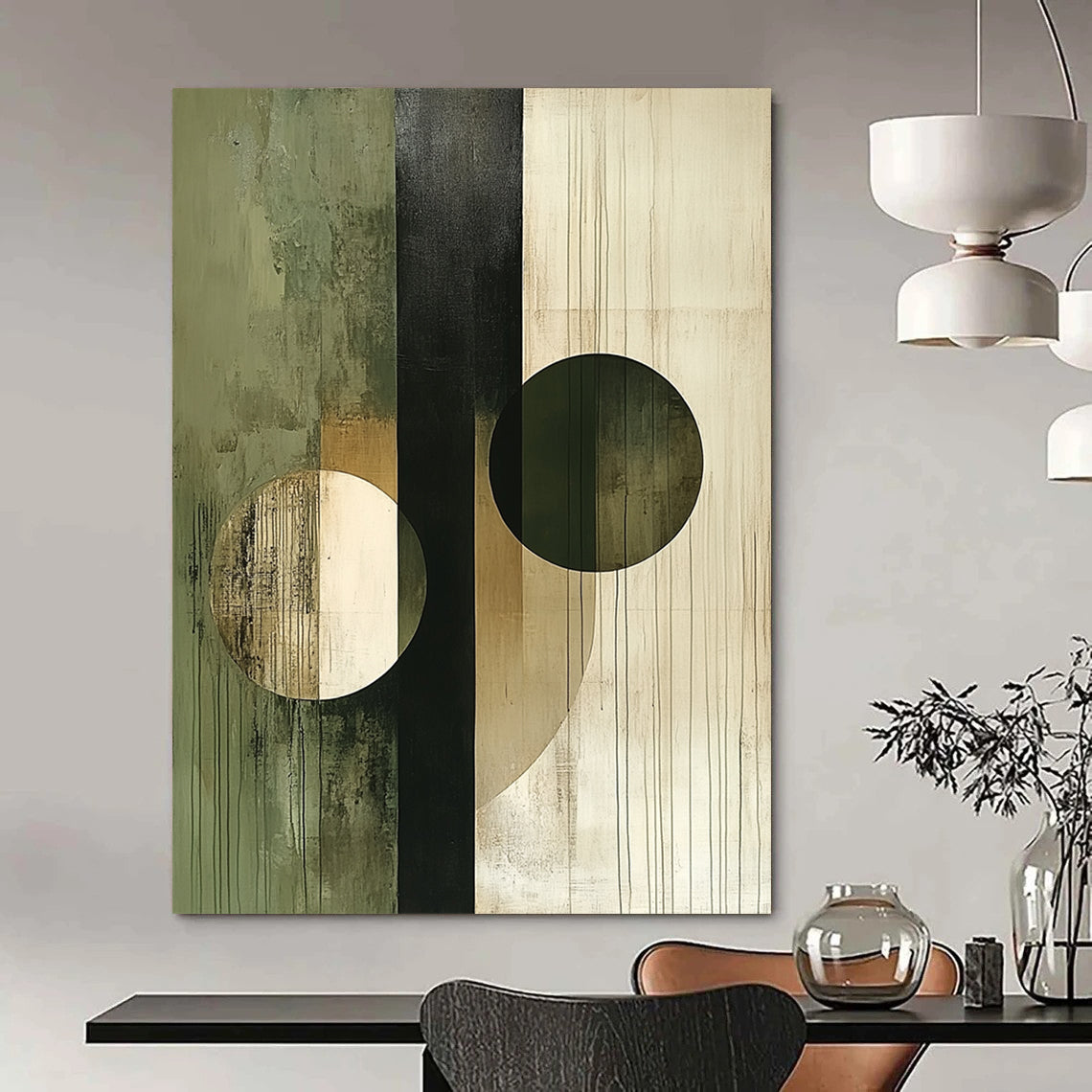 Contemporary abstract artwork featuring circles and lines in beige olive green white and black showcasing deconstructed geometric elements on canvas texture. DLZ0375