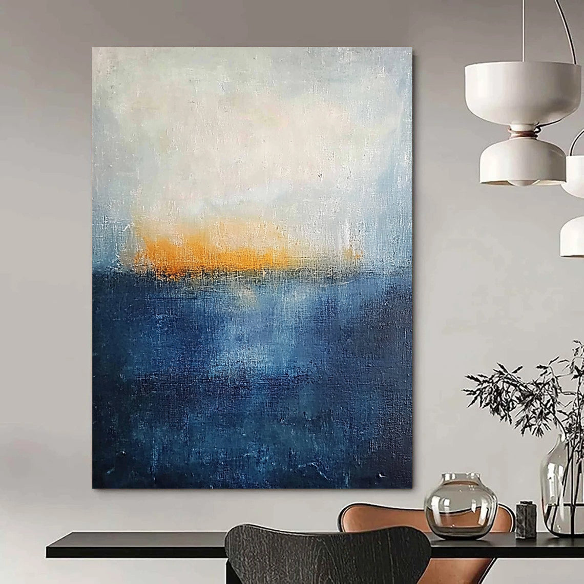 Contemporary abstract painting featuring thick textured layers in dark blue and yellow hues evoking a serene landscape with a tranquil sea and foggy horizon. DLZ0356