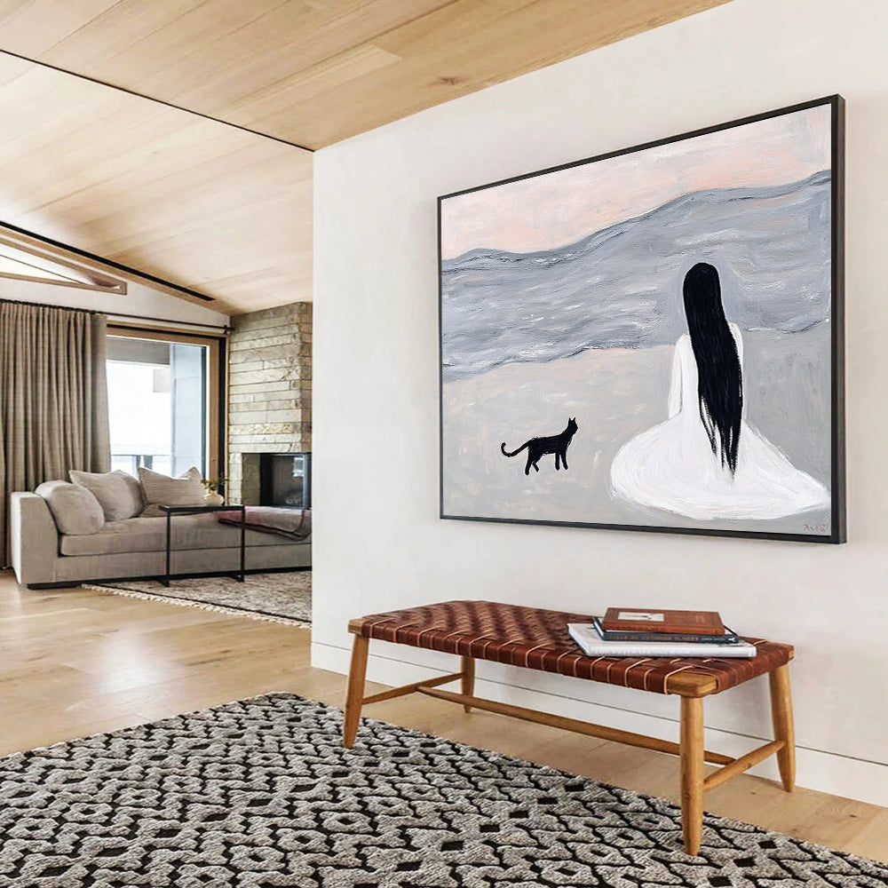 “Woman and Cat by the Sea” - A woman and a black cat sitting by the sea, Minimalist Figurative Painting On Canvas HB0554