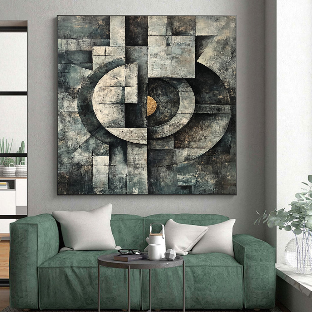 Gray, Black and Gold Geometric Composition "Industrial Harmony" Painting On Canvas HB345
