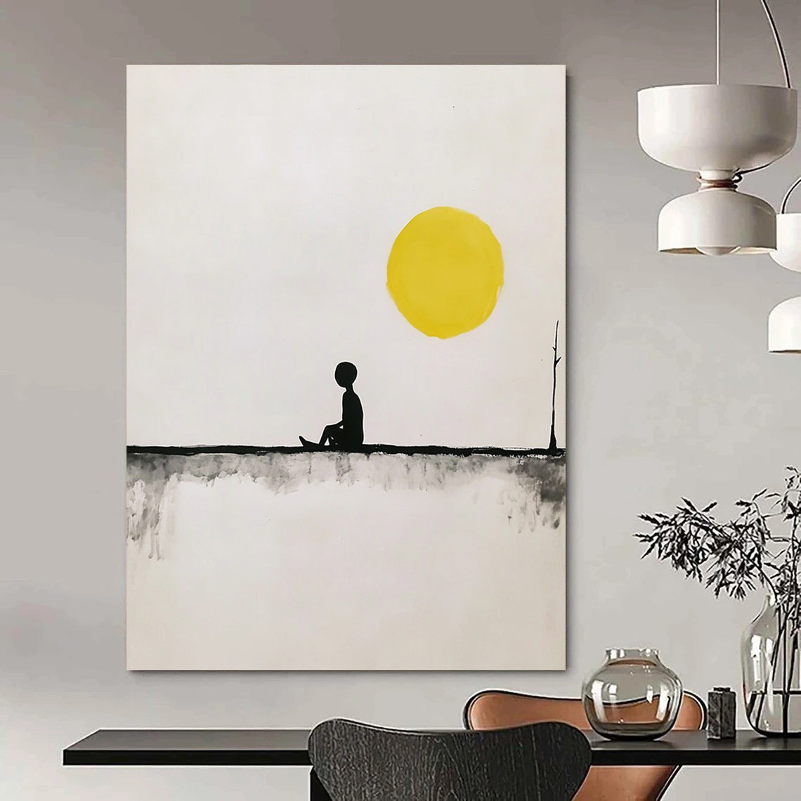 Contemporary hand-painted abstract art featuring a minimalist fisherman on a line under a yellow sun with simple shapes in black and gray tones. DLZ1635