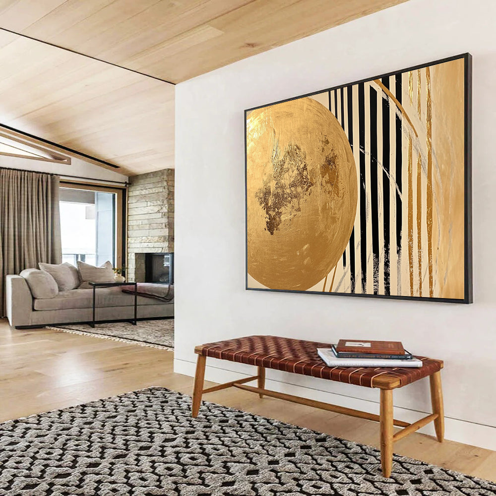 “Gold - Black Striped Abstract” - A gold circle with black and white stripes, Abstract Geometric Painting On Canvas HB0555