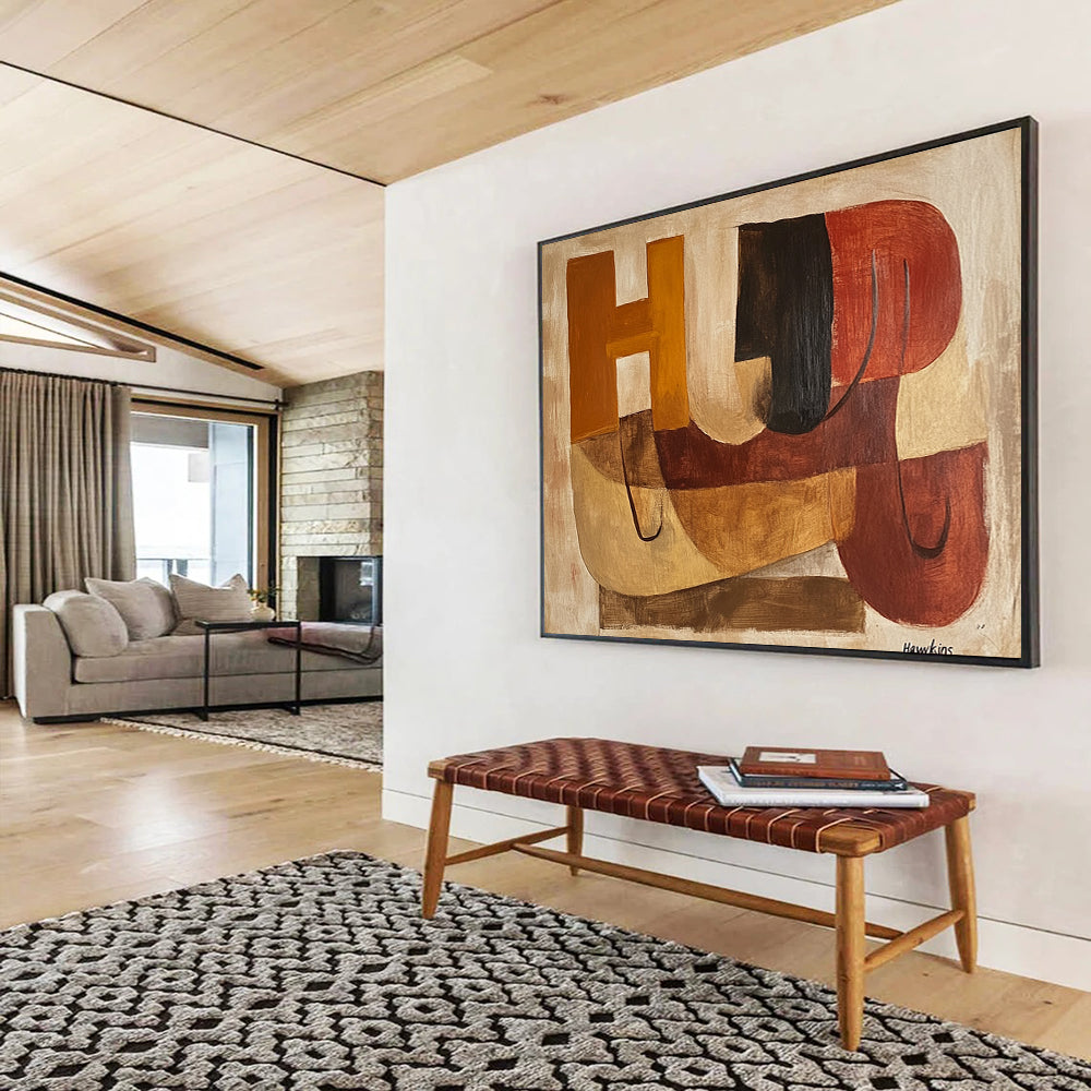 “Abstract Letters & Shapes” - Brown, Orange, Red, Geometric Abstract Painting On Canvas HB0678