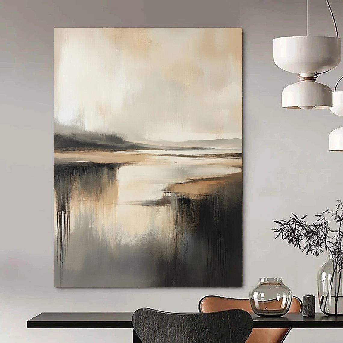 Contemporary abstract painting featuring a misty coastal landscape in neutral tones with rich texture and depth and gentle shadows. DLZ0472