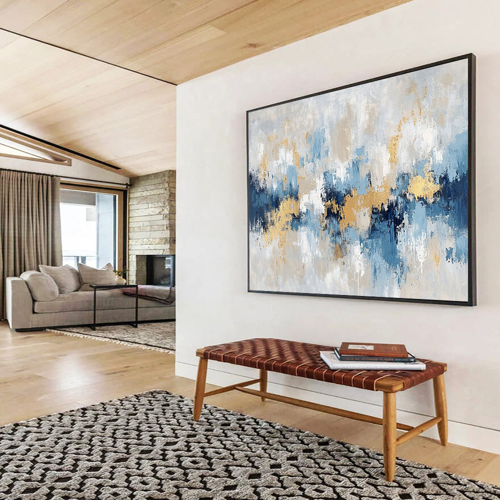 “Soft Gold - Blue - Gray Abstract Landscape” - Gold, Blue, Gray, White, Beige, Gentle Shapes Painting On Canvas HB0822