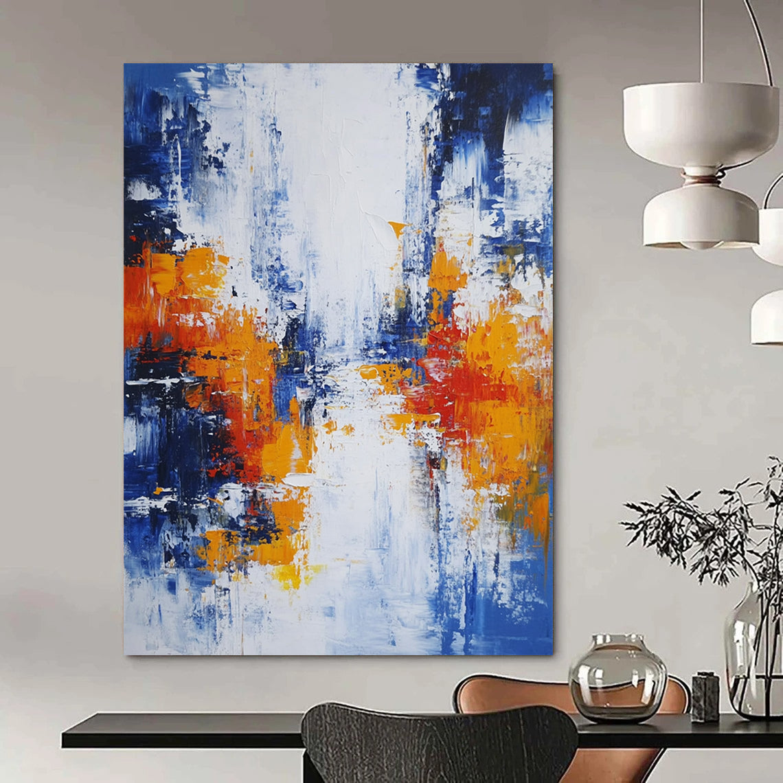 Large modern hand-painted abstract artwork featuring blue white and orange hues with broad brush strokes and thick impasto layers depicting an urban Parisian landscape. DLZ0732