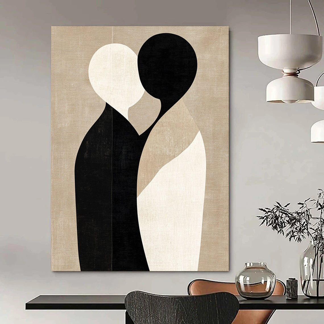 Large contemporary abstract art featuring minimalist shapes in black and beige, embracing forms on a textured light brown background. DLZ1464