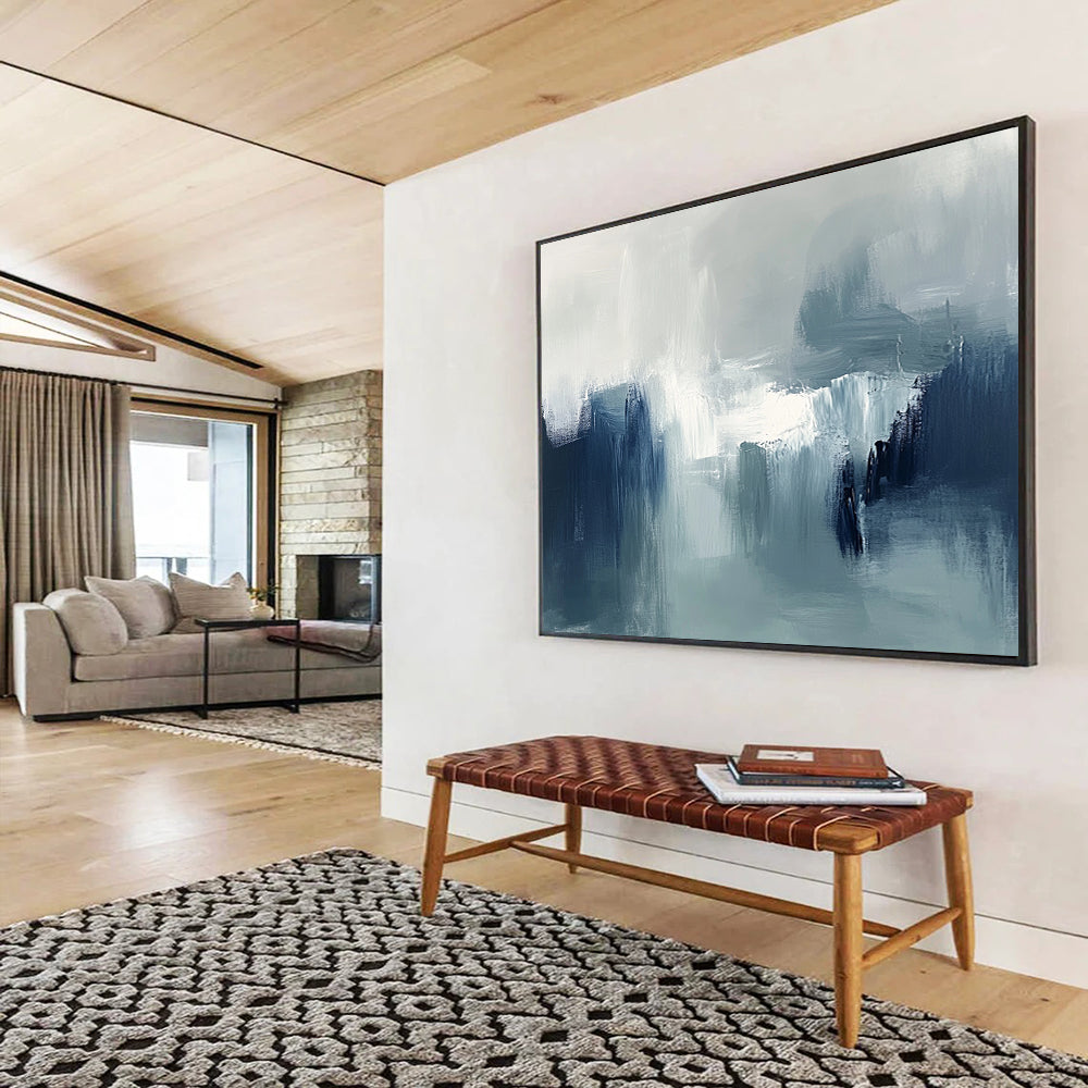 “Muted Tonal Abstract Landscape” - Shades of gray, blue, white; Abstract landscape with soft brushstrokes; Oil Painting On Canvas HB1237