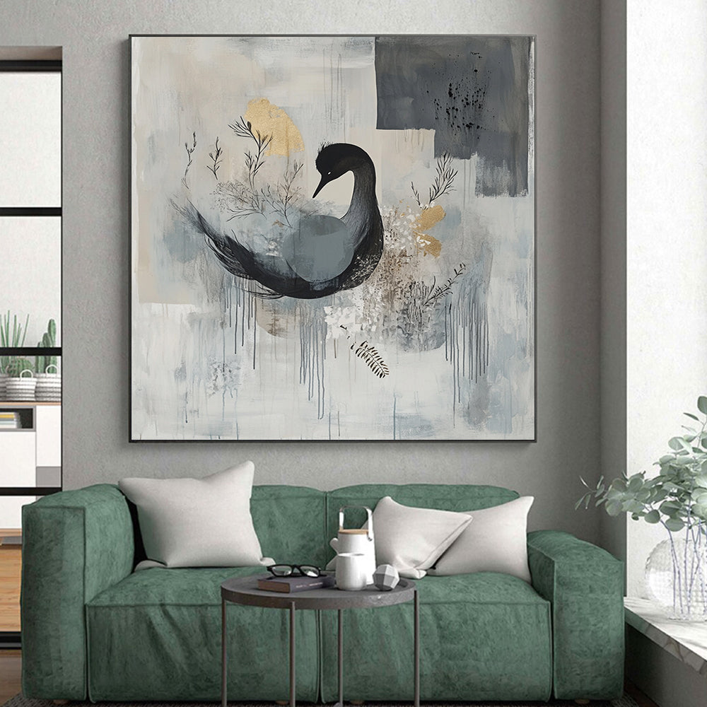 Gray, Blue & Gold with Black Swan - “Elegant Avian Serenity” Painting On Canvas HB207