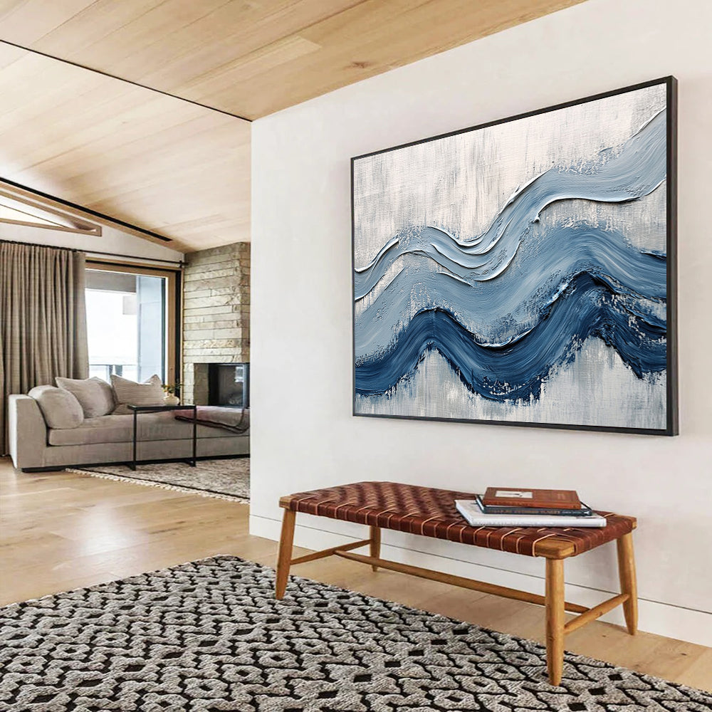 Textured Blue Waves on Gray - Impasto Abstract Painting On Canvas HB0490