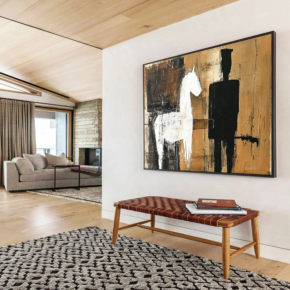 Brown, Black, and White Silhouettes - “Equestrian Silhouette” Painting On Canvas HB1455