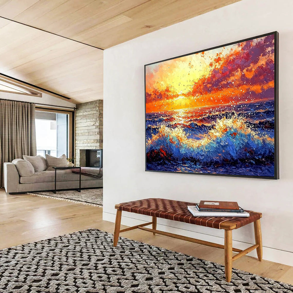 “Vibrant Sunset Ocean Waves” - Orange, Red, Purple, Blue, Crashing Waves - Impasto Oil Painting HB1698