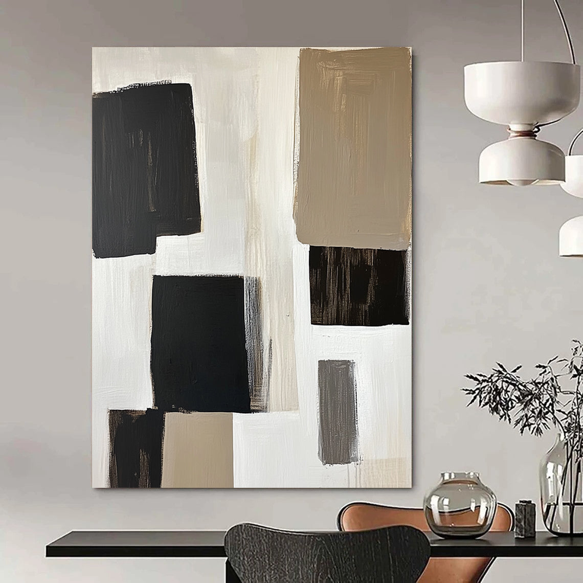 Contemporary abstract artwork featuring large white blocks and stylish black squares, minimalist design with neutral tones for an elegant touch. DLZ0547