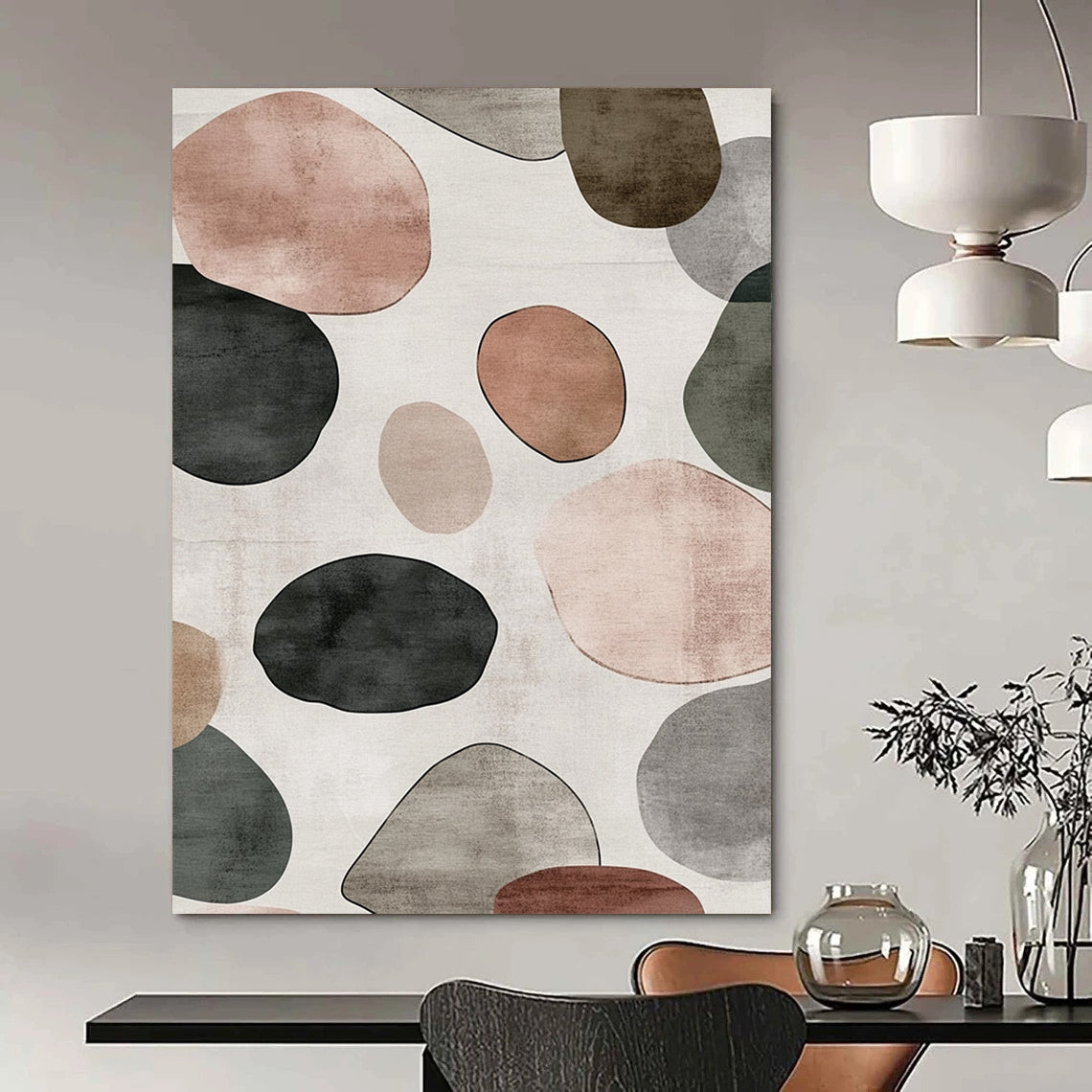 Contemporary hand-painted abstract artwork features a serene design of overlapping circles and pebbles in shades of gray with brown green and pink accents. DLZ1646