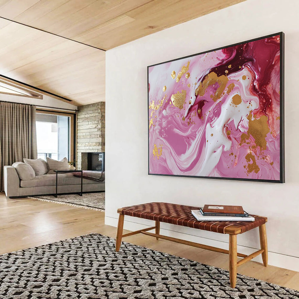“Pink and Gold Swirl” - Pink, White, Gold, Fluid Swirling Patterns - Acrylic Pour Painting HB1728