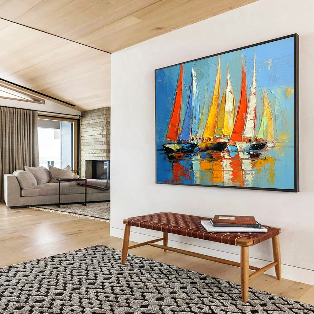 “Vibrant Regatta” - Red, blue, yellow; Colorful sailboats racing on bright water; Palette Knife Oil Painting On Canvas HB1167