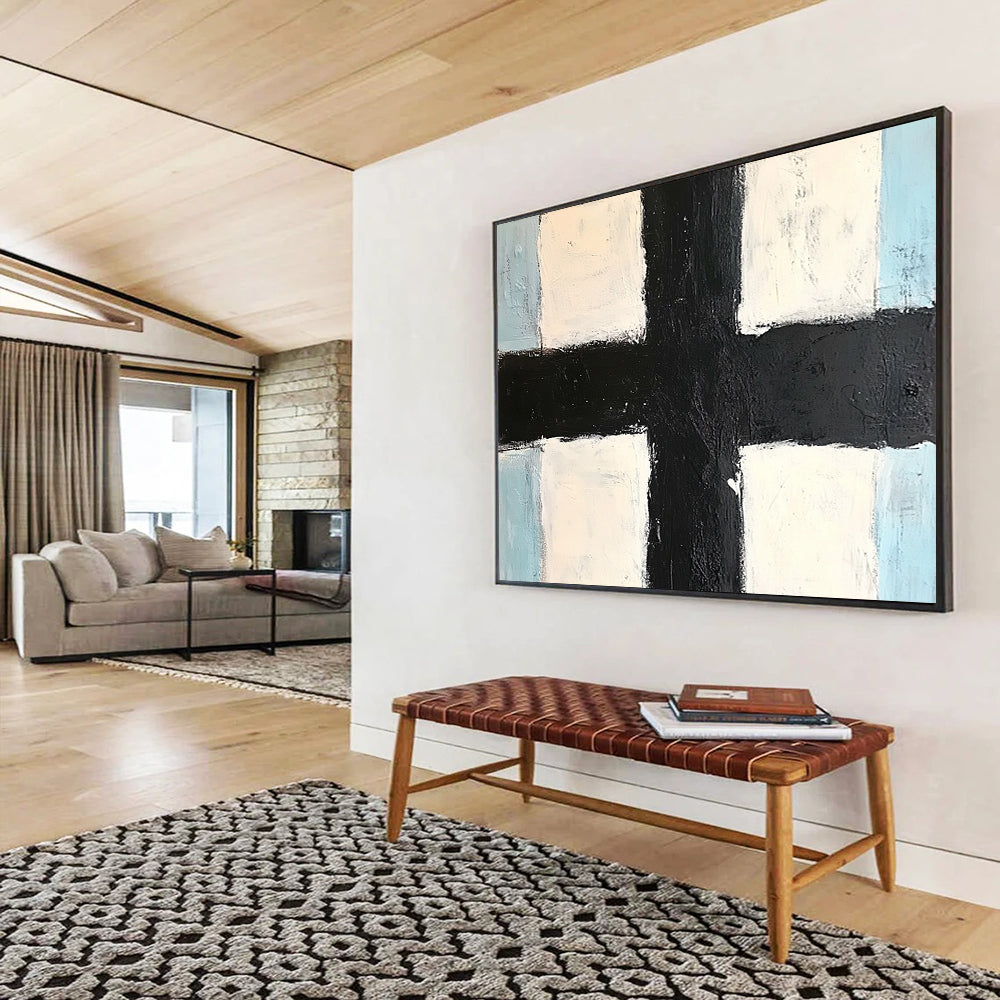 “Black Cross Geometry” - Black, White, Blue, Minimalist Abstract Geometric Painting On Canvas HB1074