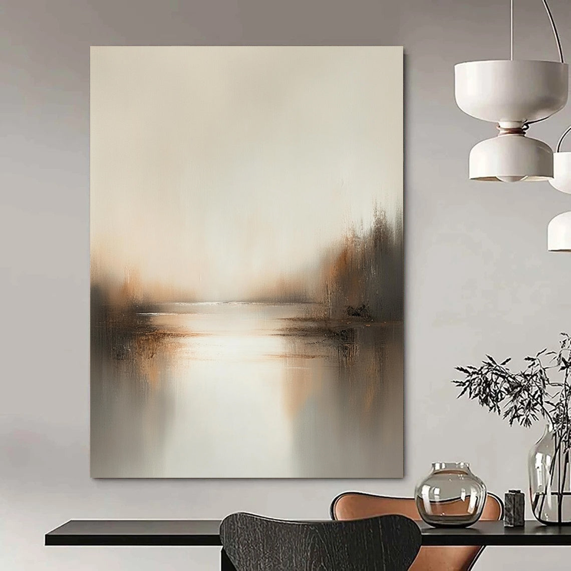 Contemporary abstract painting showcasing soft neutrals and earthy tones, enveloped in hazy light for a serene, dreamlike feel. DLZ0398