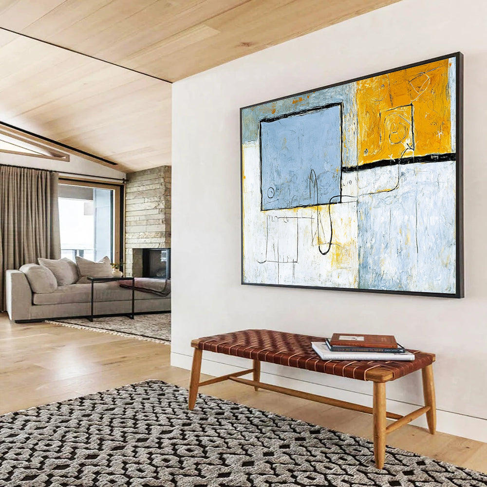 “Geometric Neutral Tones” - Blue, Yellow, Gray, Abstract Shapes - Modernist Acrylic Painting HB1510