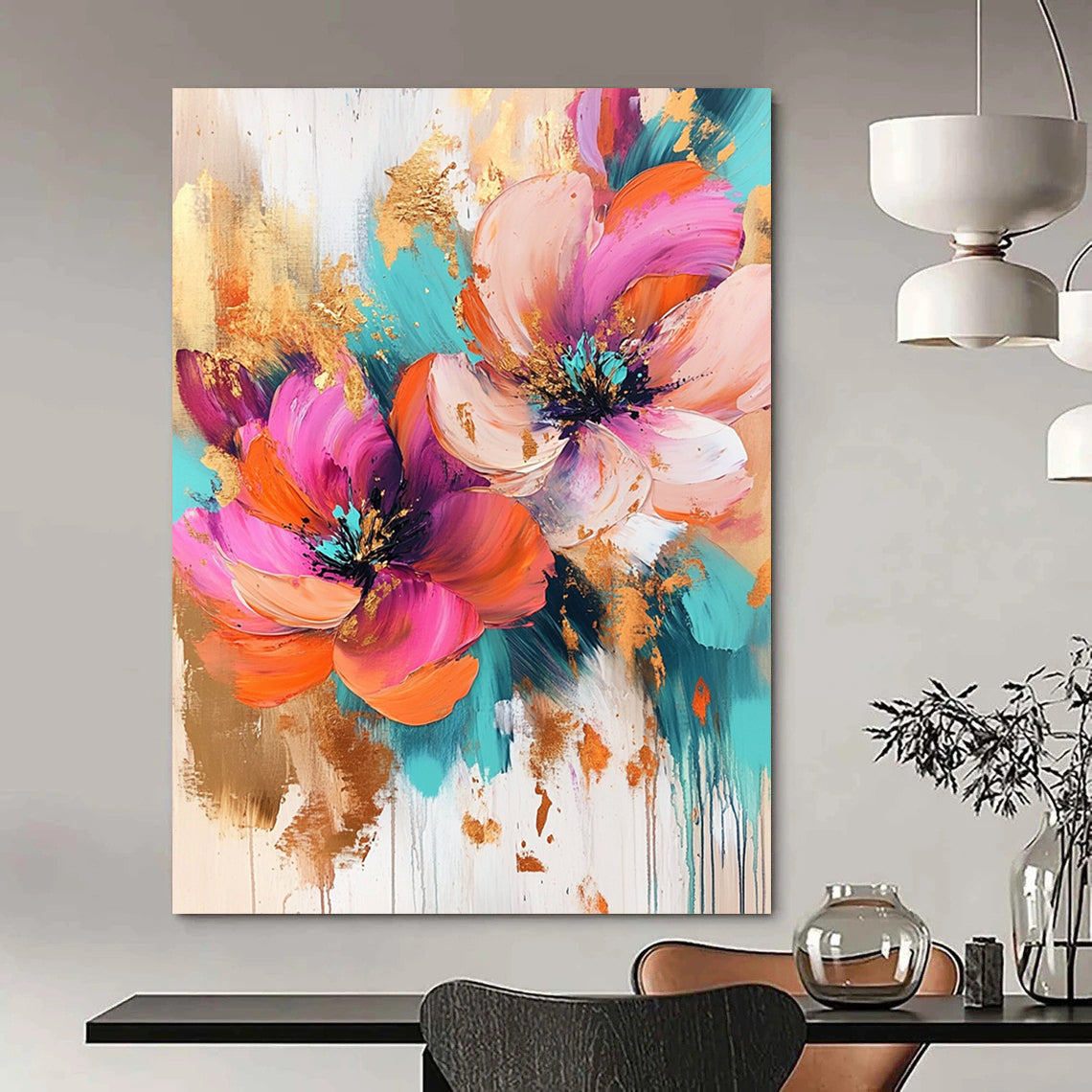 Contemporary abstract artwork featuring vibrant pink, orange, and turquoise flowers enhanced with gold leaf splashes, ideal for modern decor. DLZ1263