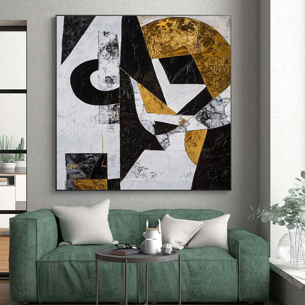 Black, White, Gold and Gray Geometric Abstraction "Dynamic Geometry" Painting On Canvas HB376