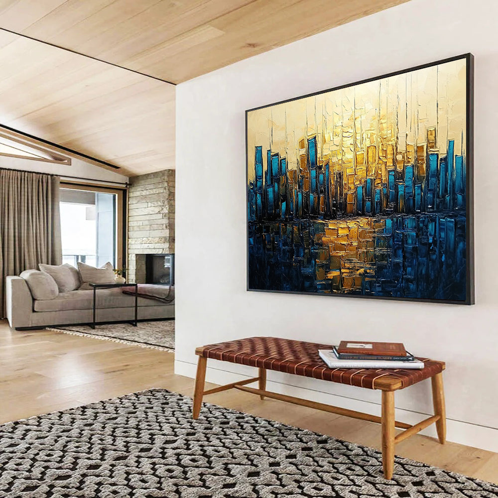 “Golden - Blue City Reflection” - Gold, Blue, Cityscape with Water Mirroring HB1136
