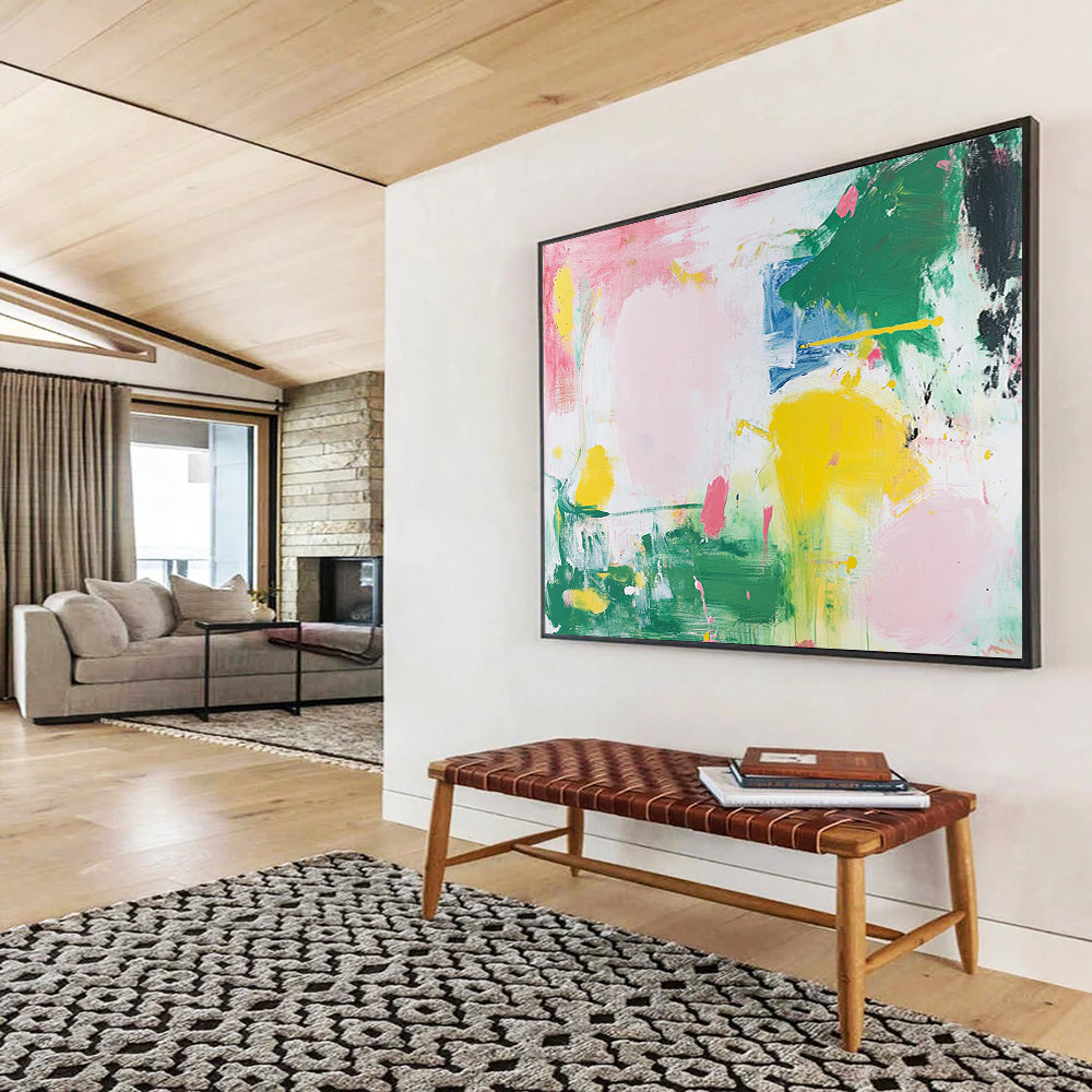 “Soft Color Splash Abstract” - Pink, Green, Yellow, Blue with Gentle Splashes - Painting On Canvas HB1369