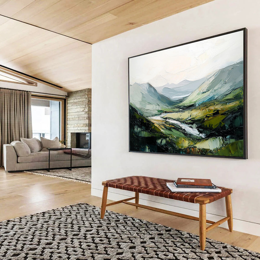 “Impasto Valley Landscape” - Green, Gray, Yellow with Textured Valley - Painting On Canvas HB1401