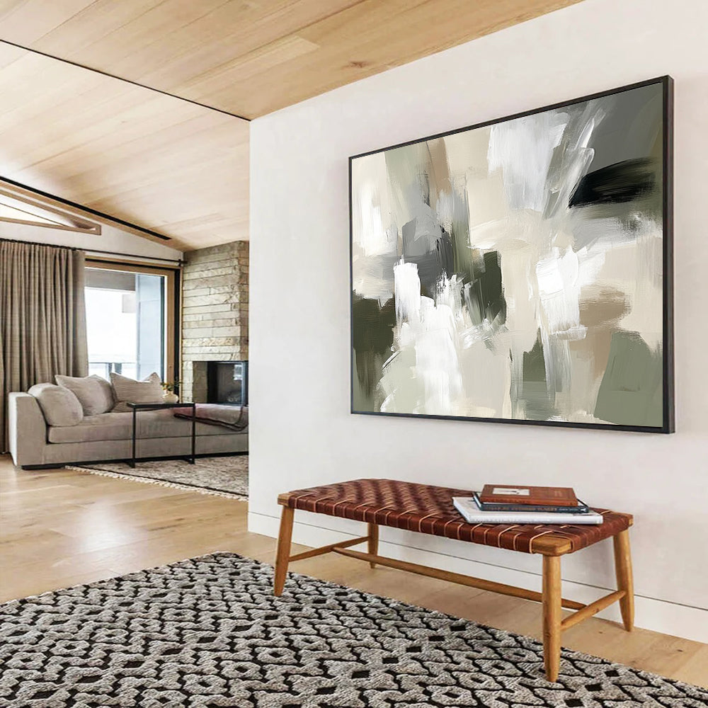 “Neutral Abstract Composition” - Beige, gray, white, green; Abstract composition with soft brushstrokes; Acrylic Painting On Canvas HB1267