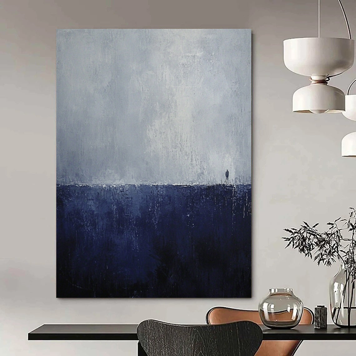 Large contemporary abstract painting featuring dark blue and gray tones minimalist landscape evoking loneliness and mystery with an endless horizon and heavy rain effect. DLZ0738