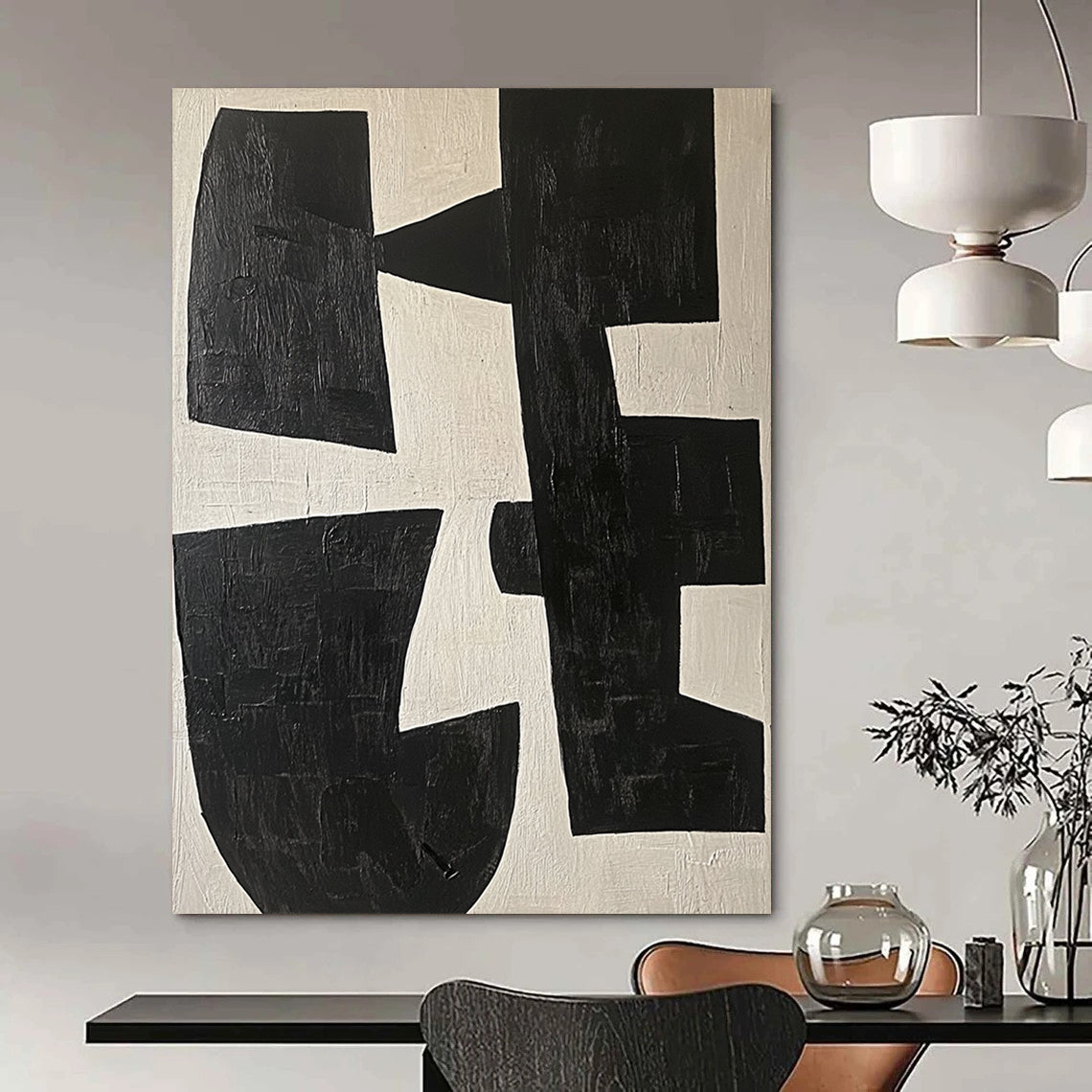 Large contemporary abstract painting featuring black and white shapes on a light beige background highlighting geometric forms and elegant movement. DLZ0509