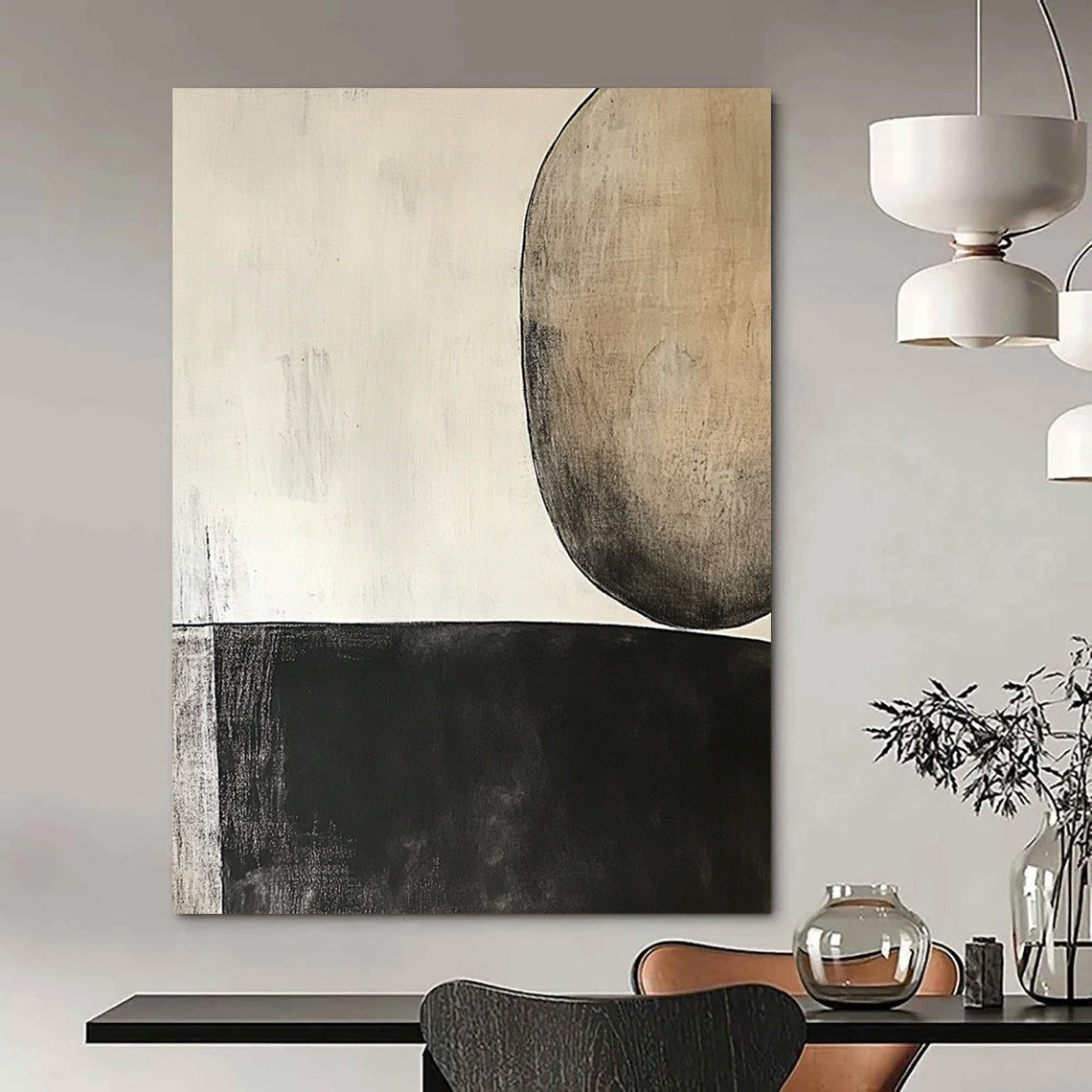 Contemporary hand-painted abstract art featuring a dark gray oval and dual brown circle on light beige background, inspired by minimalist design and Robert Motherwell. DLZ0958